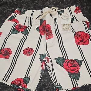 Floral Striped Shorts with Red Roses